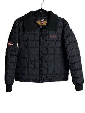 Harley Davidson Women's Size M Quilted Embroidered Down Fill Puffer Jacket Black